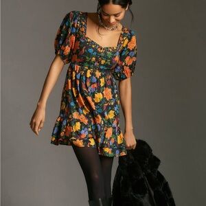 FARM Rio for Anthropology Vibrant Floral Puff Sleeve Mini Dress
